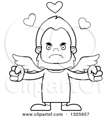 Lineart Clipart of a Cartoon Blcak and White Mad Bigfoot Cupid - Royalty Free Outline Vector Illustration by Cory Thoman