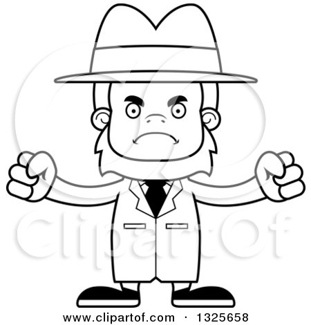 Lineart Clipart of a Cartoon Blcak and White Mad Bigfoot Detective - Royalty Free Outline Vector Illustration by Cory Thoman