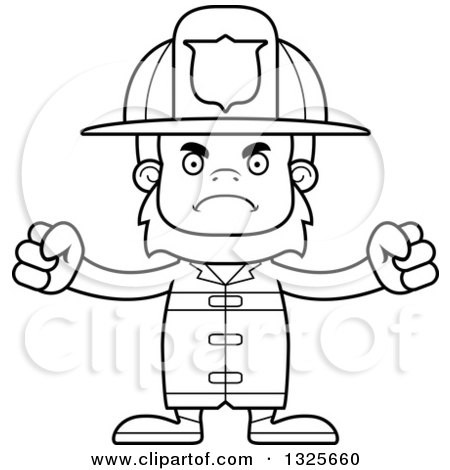 Lineart Clipart of a Cartoon Blcak and White Mad Bigfoot Firefighter - Royalty Free Outline Vector Illustration by Cory Thoman