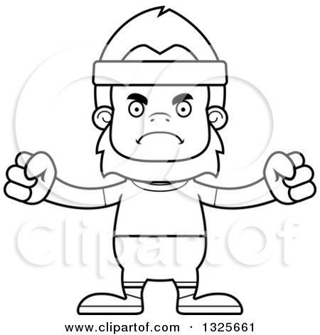 Lineart Clipart of a Cartoon Blcak and White Mad Fitness Bigfoot - Royalty Free Outline Vector Illustration by Cory Thoman
