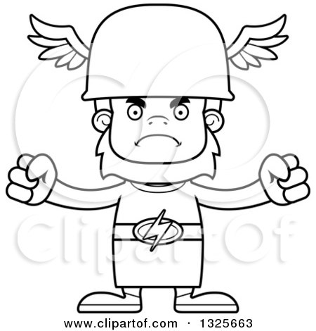 Lineart Clipart of a Cartoon Blcak and White Mad Bigfoot Hermes - Royalty Free Outline Vector Illustration by Cory Thoman