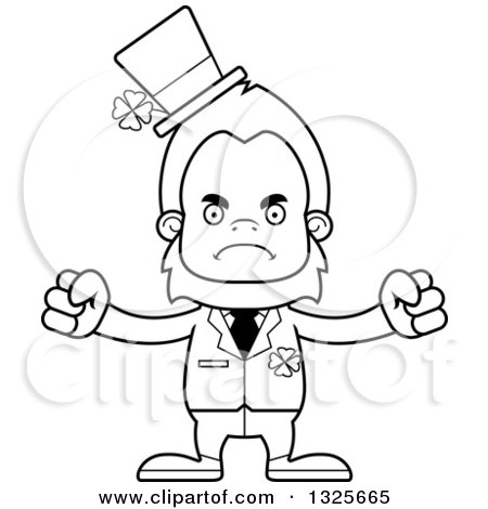 Lineart Clipart of a Cartoon Blcak and White Mad St Patricks Day Bigfoot - Royalty Free Outline Vector Illustration by Cory Thoman