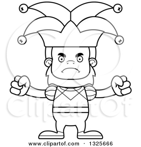 Lineart Clipart of a Cartoon Blcak and White Mad Bigfoot Jester - Royalty Free Outline Vector Illustration by Cory Thoman