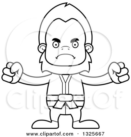 Lineart Clipart of a Cartoon Blcak and White Mad Karate Bigfoot - Royalty Free Outline Vector Illustration by Cory Thoman