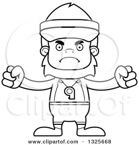 Lineart Clipart of a Cartoon Blcak and White Mad Bigfoot Lifeguard - Royalty Free Outline Vector Illustration by Cory Thoman