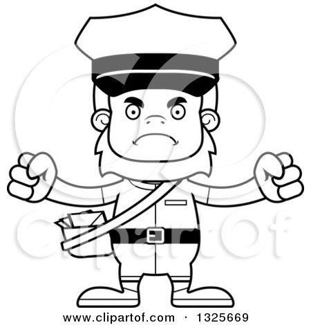 Lineart Clipart of a Cartoon Blcak and White Mad Bigfoot Mailman - Royalty Free Outline Vector Illustration by Cory Thoman