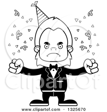 Lineart Clipart of a Cartoon Blcak and White Mad Party Bigfoot - Royalty Free Outline Vector Illustration by Cory Thoman