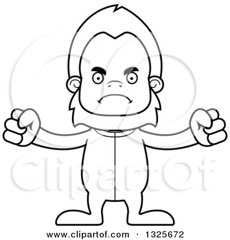Lineart Clipart of a Cartoon Blcak and White Mad Bigfoot in Pajamas - Royalty Free Outline Vector Illustration by Cory Thoman