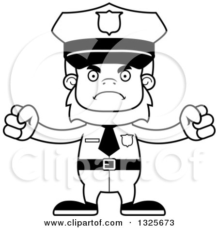Lineart Clipart of a Cartoon Blcak and White Mad Bigfoot Police Officer - Royalty Free Outline Vector Illustration by Cory Thoman