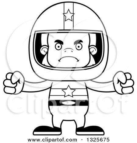 Lineart Clipart of a Cartoon Blcak and White Mad Bigfoot Race Car Driver - Royalty Free Outline Vector Illustration by Cory Thoman