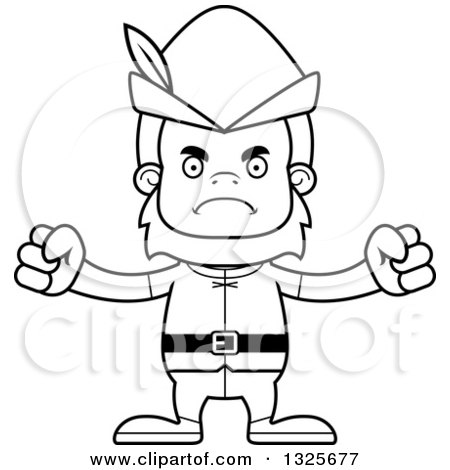 Lineart Clipart of a Cartoon Blcak and White Mad Robin Hood Bigfoot - Royalty Free Outline Vector Illustration by Cory Thoman