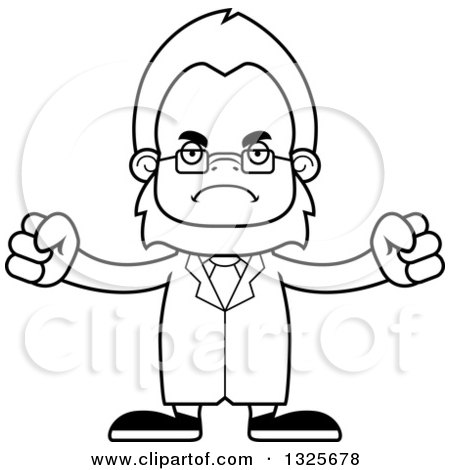 Lineart Clipart of a Cartoon Blcak and White Mad Bigfoot Scientist - Royalty Free Outline Vector Illustration by Cory Thoman