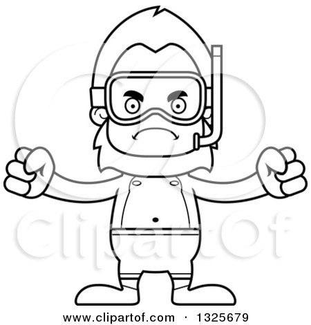 Lineart Clipart of a Cartoon Blcak and White Mad Bigfoot in Snorkel Gear - Royalty Free Outline Vector Illustration by Cory Thoman