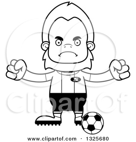 Lineart Clipart of a Cartoon Blcak and White Mad Bigfoot Soccer Player - Royalty Free Outline Vector Illustration by Cory Thoman