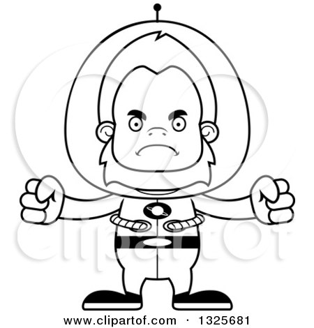 Lineart Clipart of a Cartoon Blcak and White Mad Futuristic Space Bigfoot - Royalty Free Outline Vector Illustration by Cory Thoman