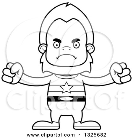 Lineart Clipart of a Cartoon Blcak and White Mad Bigfoot Super Hero - Royalty Free Outline Vector Illustration by Cory Thoman