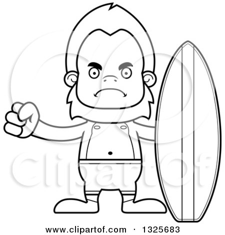 Lineart Clipart of a Cartoon Blcak and White Mad Bigfoot Surfer - Royalty Free Outline Vector Illustration by Cory Thoman