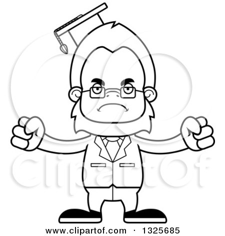Lineart Clipart of a Cartoon Blcak and White Mad Bigfoot Professor - Royalty Free Outline Vector Illustration by Cory Thoman