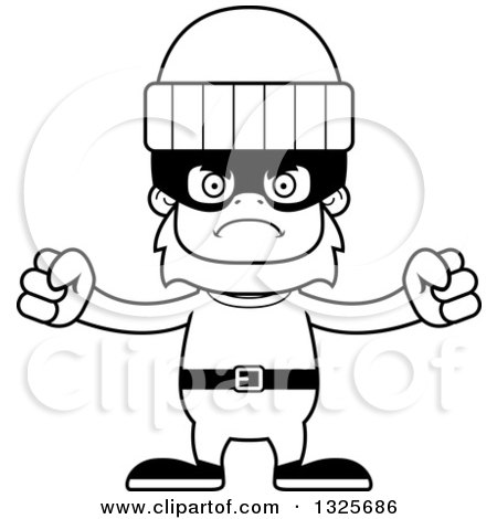 Lineart Clipart of a Cartoon Blcak and White Mad Bigfoot Robber - Royalty Free Outline Vector Illustration by Cory Thoman