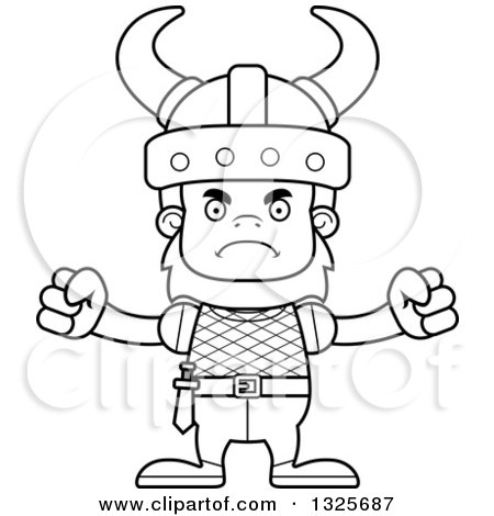 Lineart Clipart of a Cartoon Blcak and White Mad Bigfoot Viking - Royalty Free Outline Vector Illustration by Cory Thoman