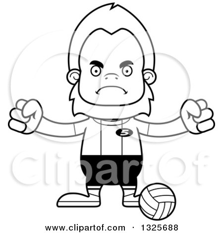 Lineart Clipart of a Cartoon Blcak and White Mad Bigfoot Volleyball Player - Royalty Free Outline Vector Illustration by Cory Thoman