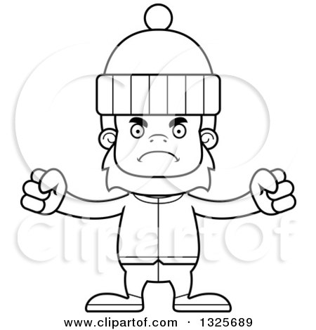 Lineart Clipart of a Cartoon Blcak and White Mad Bigfoot in Winter Clothes - Royalty Free Outline Vector Illustration by Cory Thoman