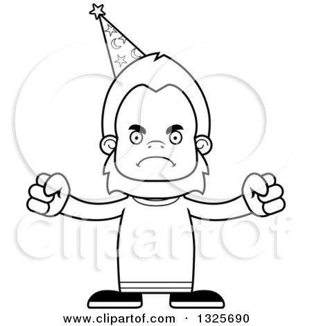 Lineart Clipart of a Cartoon Blcak and White Mad Bigfoot Wizard - Royalty Free Outline Vector Illustration by Cory Thoman