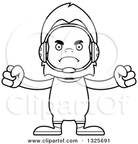 Lineart Clipart of a Cartoon Blcak and White Mad Bigfoot Wrestler - Royalty Free Outline Vector Illustration by Cory Thoman