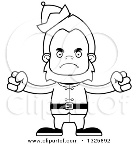 Lineart Clipart of a Cartoon Blcak and White Mad Christmas Elf Bigfoot - Royalty Free Outline Vector Illustration by Cory Thoman