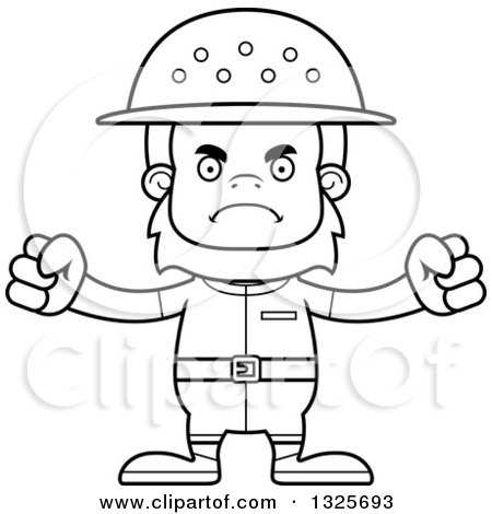 Lineart Clipart of a Cartoon Blcak and White Mad Bigfoot Zookeeper - Royalty Free Outline Vector Illustration by Cory Thoman
