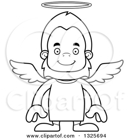 Lineart Clipart of a Cartoon Blcak and White Happy Bigfoot Angel - Royalty Free Outline Vector Illustration by Cory Thoman