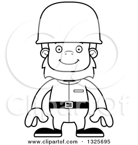 Lineart Clipart of a Cartoon Blcak and White Happy Bigfoot Soldier - Royalty Free Outline Vector Illustration by Cory Thoman