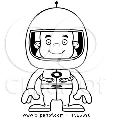 Lineart Clipart of a Cartoon Blcak and White Happy Bigfoot Astronaut - Royalty Free Outline Vector Illustration by Cory Thoman