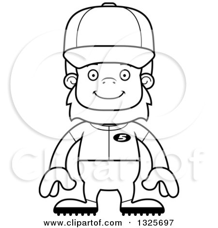 Lineart Clipart of a Cartoon Blcak and White Happy Bigfoot Baseball Player - Royalty Free Outline Vector Illustration by Cory Thoman