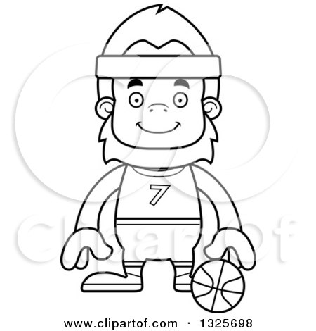 Lineart Clipart of a Cartoon Blcak and White Happy Bigfoot Basketball Player - Royalty Free Outline Vector Illustration by Cory Thoman