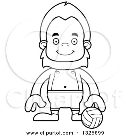 Lineart Clipart of a Cartoon Blcak and White Happy Bigfoot Beach Volleyball Player - Royalty Free Outline Vector Illustration by Cory Thoman