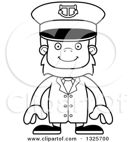 Lineart Clipart of a Cartoon Blcak and White Happy Bigfoot Captain - Royalty Free Outline Vector Illustration by Cory Thoman