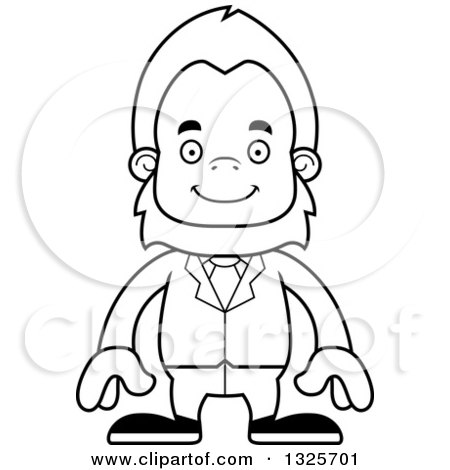 Lineart Clipart of a Cartoon Blcak and White Happy Bigfoot Businessman - Royalty Free Outline Vector Illustration by Cory Thoman