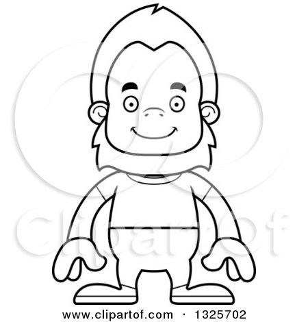 Lineart Clipart of a Cartoon Blcak and White Happy Casual Bigfoot - Royalty Free Outline Vector Illustration by Cory Thoman