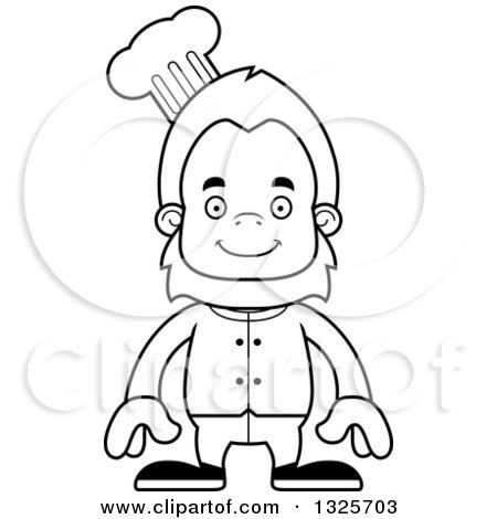 Lineart Clipart of a Cartoon Blcak and White Happy Bigfoot Chef - Royalty Free Outline Vector Illustration by Cory Thoman