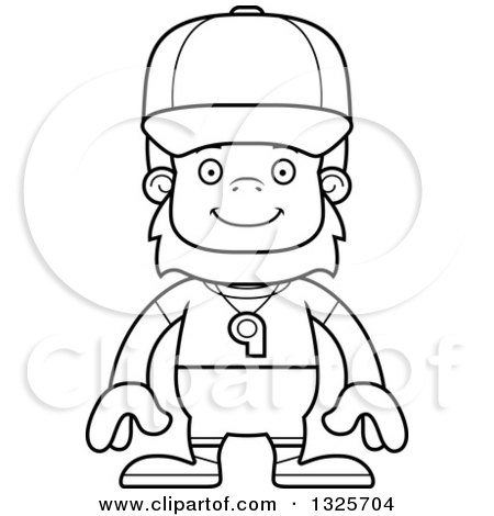 Lineart Clipart of a Cartoon Blcak and White Happy Bigfoot Sports Coach - Royalty Free Outline Vector Illustration by Cory Thoman