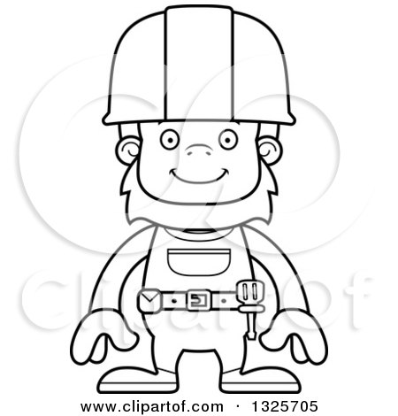 Lineart Clipart of a Cartoon Blcak and White Happy Bigfoot Construction Worker - Royalty Free Outline Vector Illustration by Cory Thoman