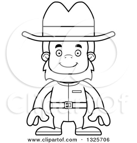 Lineart Clipart of a Cartoon Blcak and White Happy Cowboy Bigfoot - Royalty Free Outline Vector Illustration by Cory Thoman