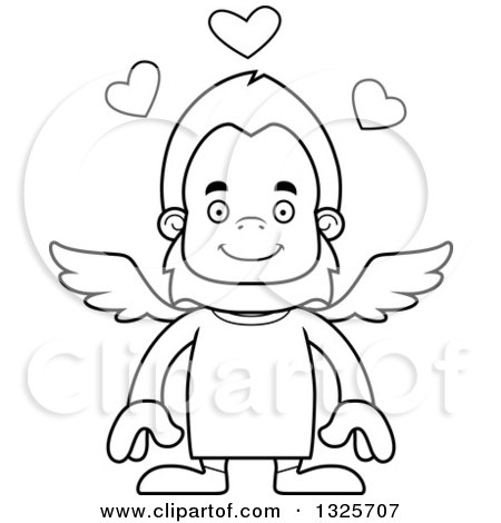 Lineart Clipart of a Cartoon Blcak and White Happy Bigfoot Cupid - Royalty Free Outline Vector Illustration by Cory Thoman