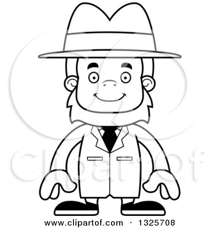 Lineart Clipart of a Cartoon Blcak and White Happy Bigfoot Detective - Royalty Free Outline Vector Illustration by Cory Thoman