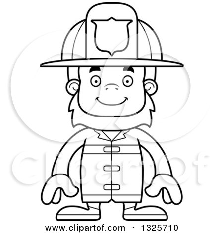 Lineart Clipart of a Cartoon Blcak and White Happy Bigfoot Firefighter - Royalty Free Outline Vector Illustration by Cory Thoman