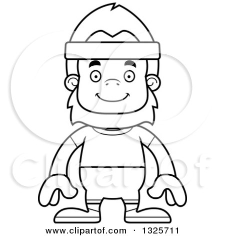 Lineart Clipart of a Cartoon Blcak and White Happy Fitness Bigfoot - Royalty Free Outline Vector Illustration by Cory Thoman