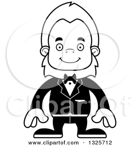 Lineart Clipart of a Cartoon Blcak and White Happy Bigfoot Groom - Royalty Free Outline Vector Illustration by Cory Thoman