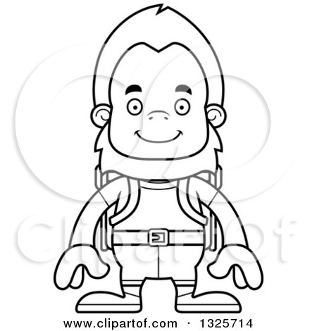 Lineart Clipart of a Cartoon Blcak and White Happy Bigfoot Hiker - Royalty Free Outline Vector Illustration by Cory Thoman