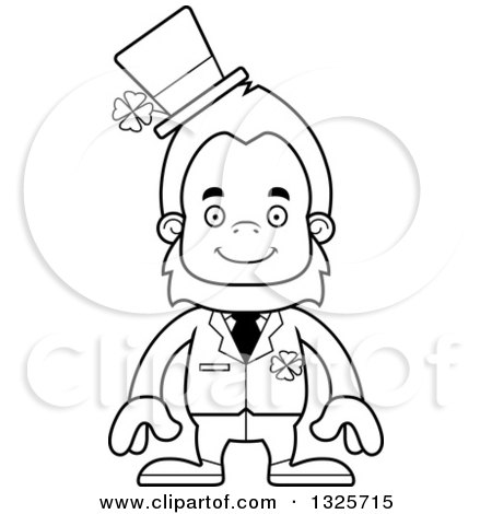 Lineart Clipart of a Cartoon Blcak and White Happy St Patricks Day Bigfoot - Royalty Free Outline Vector Illustration by Cory Thoman